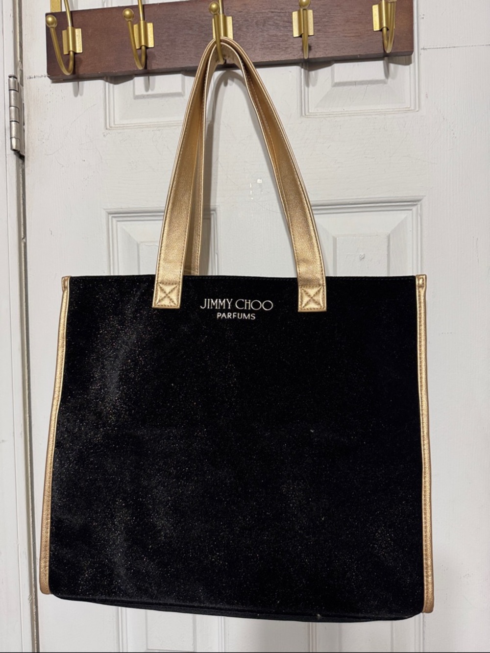 Jimmy Choo Black Velvet Tote with Gold Trim and Handles